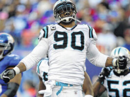 
			
				                                Carolina Panthers defensive end Julius Peppers (90) reacts after sacking New York Giants quarterback Eli Manning in the second quarter of an NFL football game on Sunday, Dec. 27, 2009, in East Rutherford, New Jersey. Peppers, who was a member of two NFL All-Decade teams and had 159.5 sacks during his 17-year NFL career, will be enshrined into the Pro Football Hall of Fame on Aug. 3, 2024, in Canton, Ohio.
                                 Julie Jacobson | AP

			
		