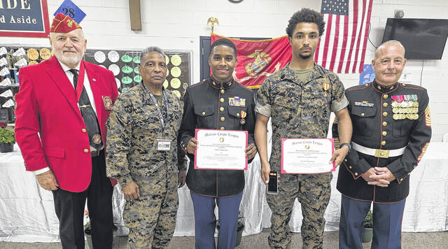 Pictured (L-R) are John Harlow of the Bennettsville Marine Corps League Detachment, MCJROTC Senior Military Instructor Lixander Henry, Cadet Travion Liles and Cadet Zaveon Simms with medals and leadership certificates signed by the Marine Corps League State Commandant Jim Breen, and Assistant Military Instructor Jim Gardner.
                                 Courtesy photo